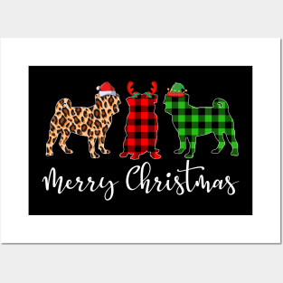 Merry Christmas Leopard Red Green Plaid Pug Posters and Art